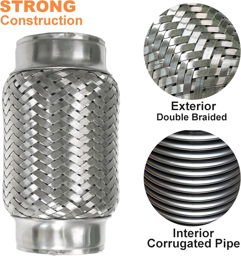 Simnliras 2.25 inch Exhaust Flex Pipe, 2.25" x 3.3"w, Stainless Steel Heavy Duty Double Braid Exhaust Flex Tube, 6" Overall Length, 2 Pack - Image 3